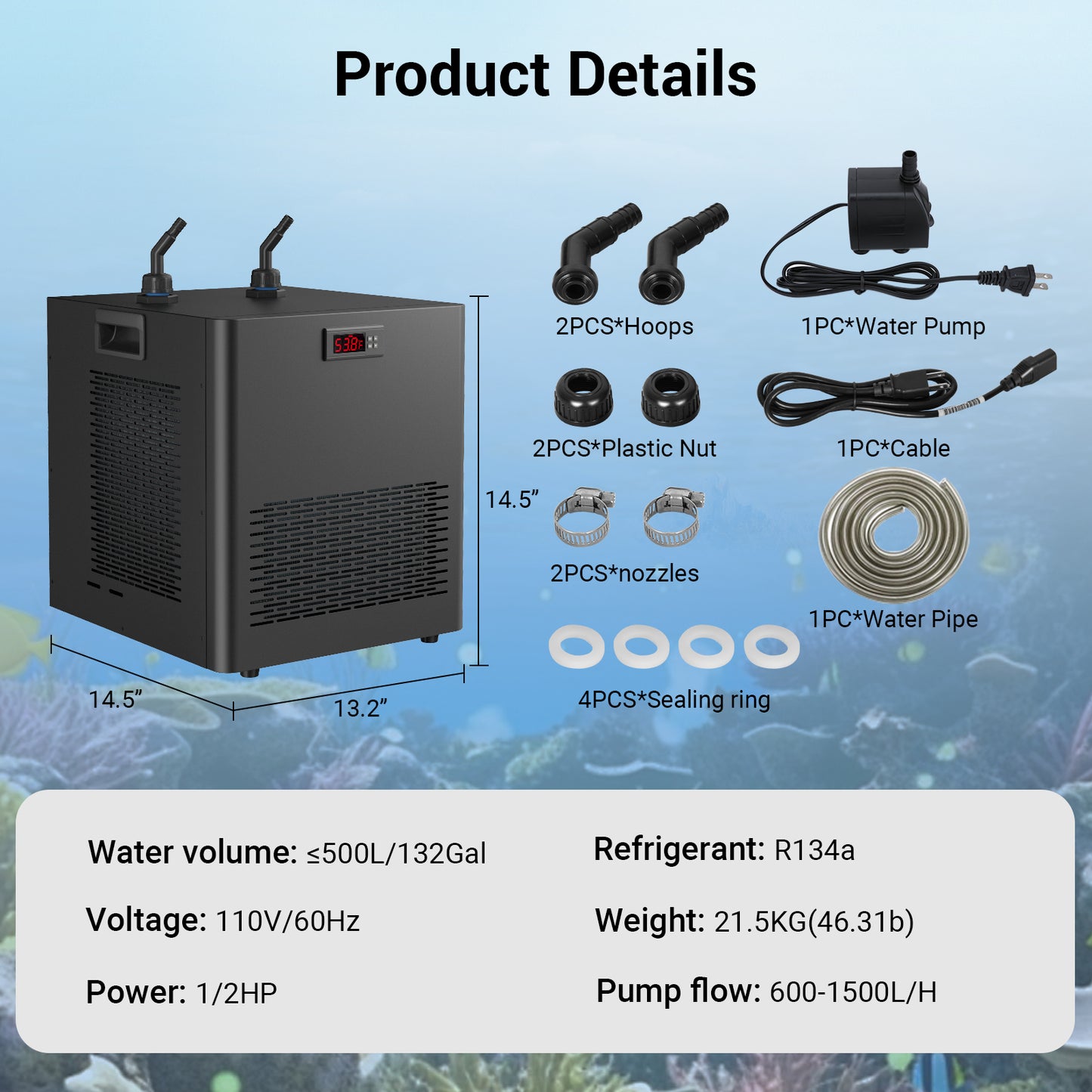 Ecojoy 1/2 HP Aquarium Chiller, 132 Gallon Ice Bath Water Chiller for Cold Plunge (45°F ~ 89°F), Fish Tank Chiller with Pump and Quiet Design Compressor