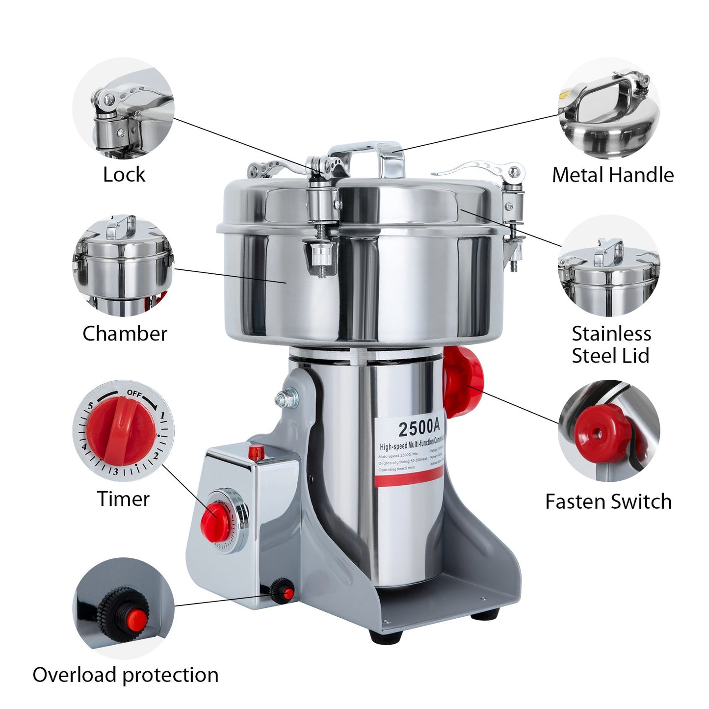 2500g Electric Grain Grinder Commercial Swing Type Dry Mill Machine