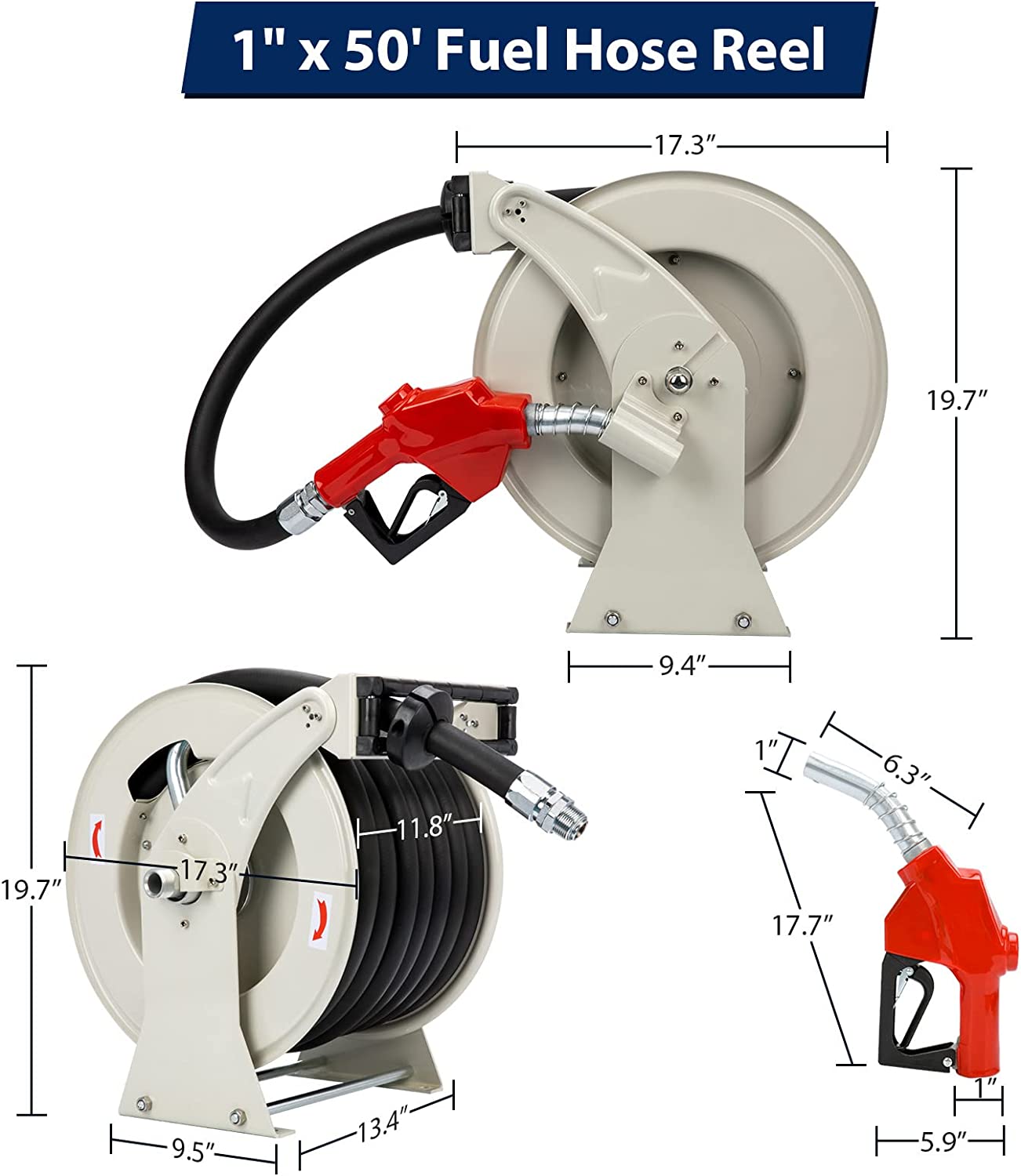 Fuel Hose Reel Retractable 1" x 50' Diesel Hose Reel w/ Automatic Refueling Gun