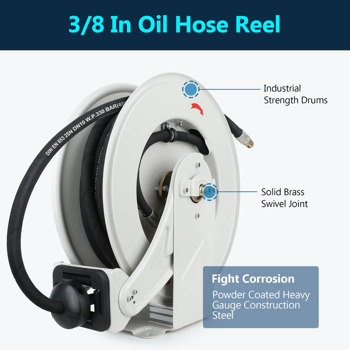 3/8" x 50 ft Oil Hose Reel Retractable Hose W P 330 BAR Max 4800 PSI Adjustable
