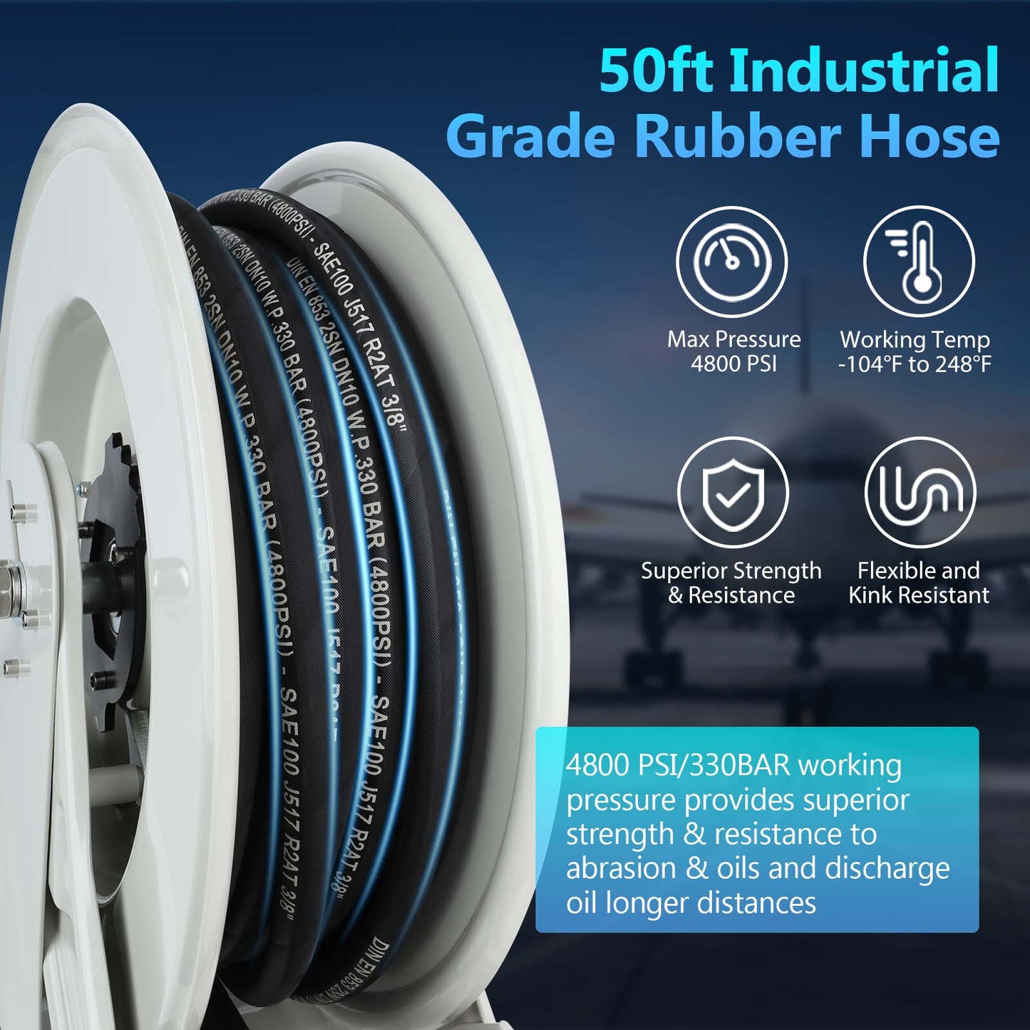 3/8" x 50 ft Oil Hose Reel Retractable Hose W P 330 BAR Max 4800 PSI Adjustable