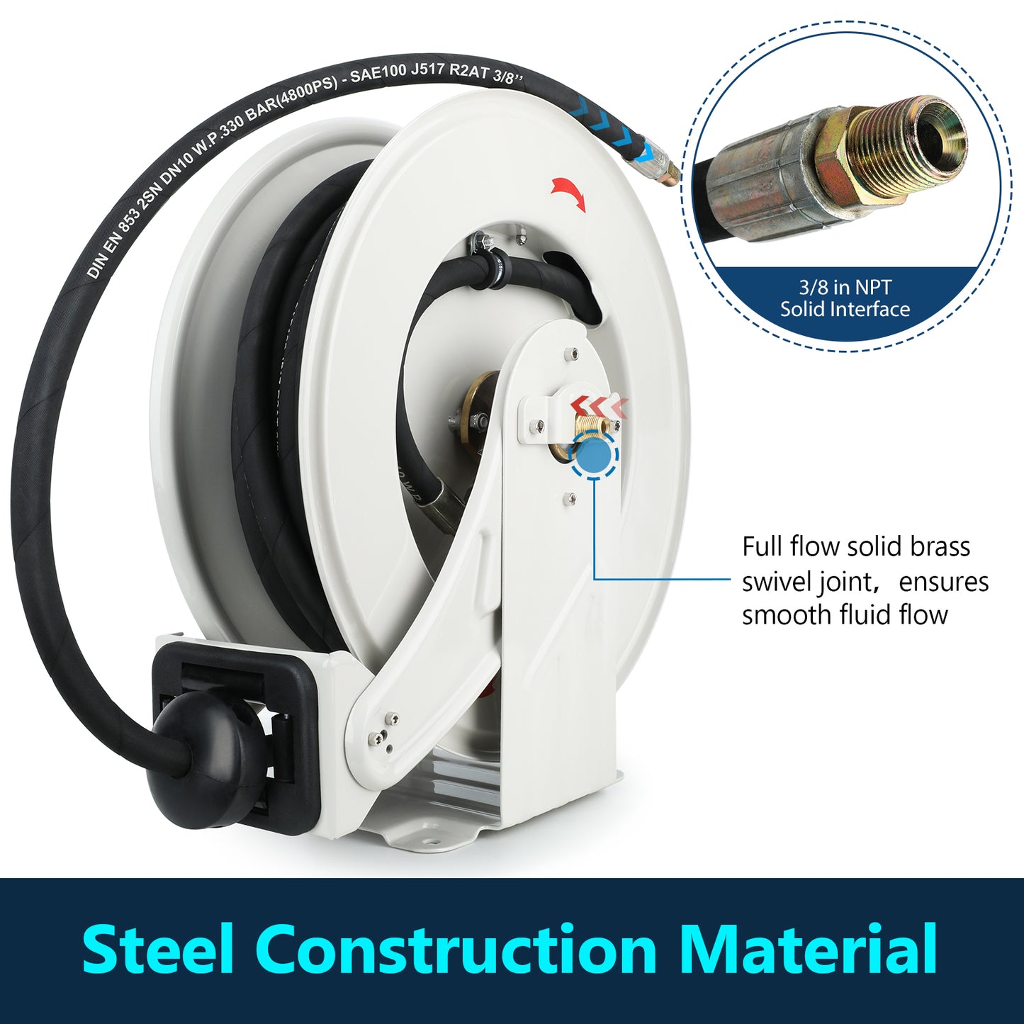 3/8" x 50 ft Oil Hose Reel Retractable Hose W P 330 BAR Max 4800 PSI Adjustable