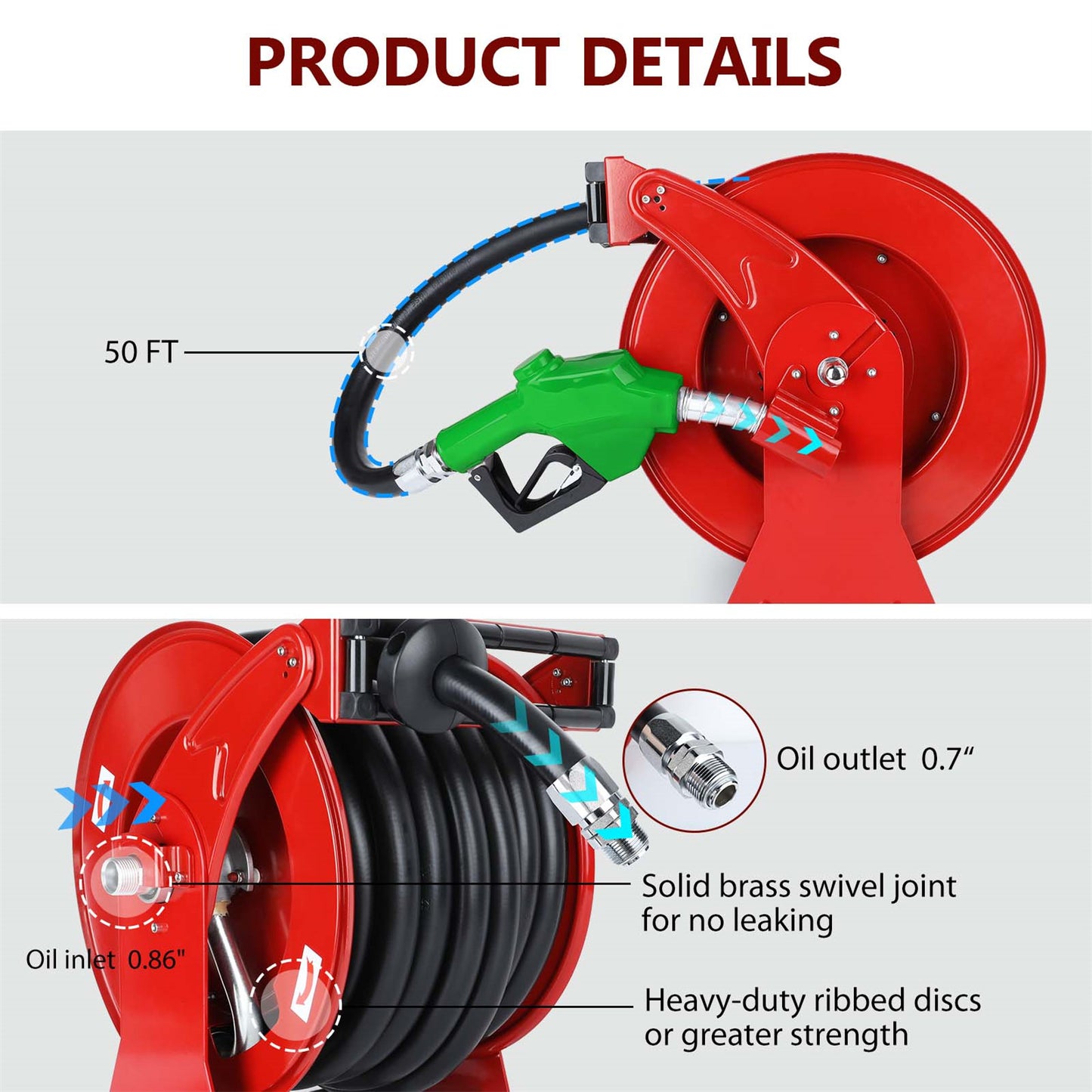 Retractable Diesel Fuel Hose Reel 1 x 50' with Fueling Nozzle for