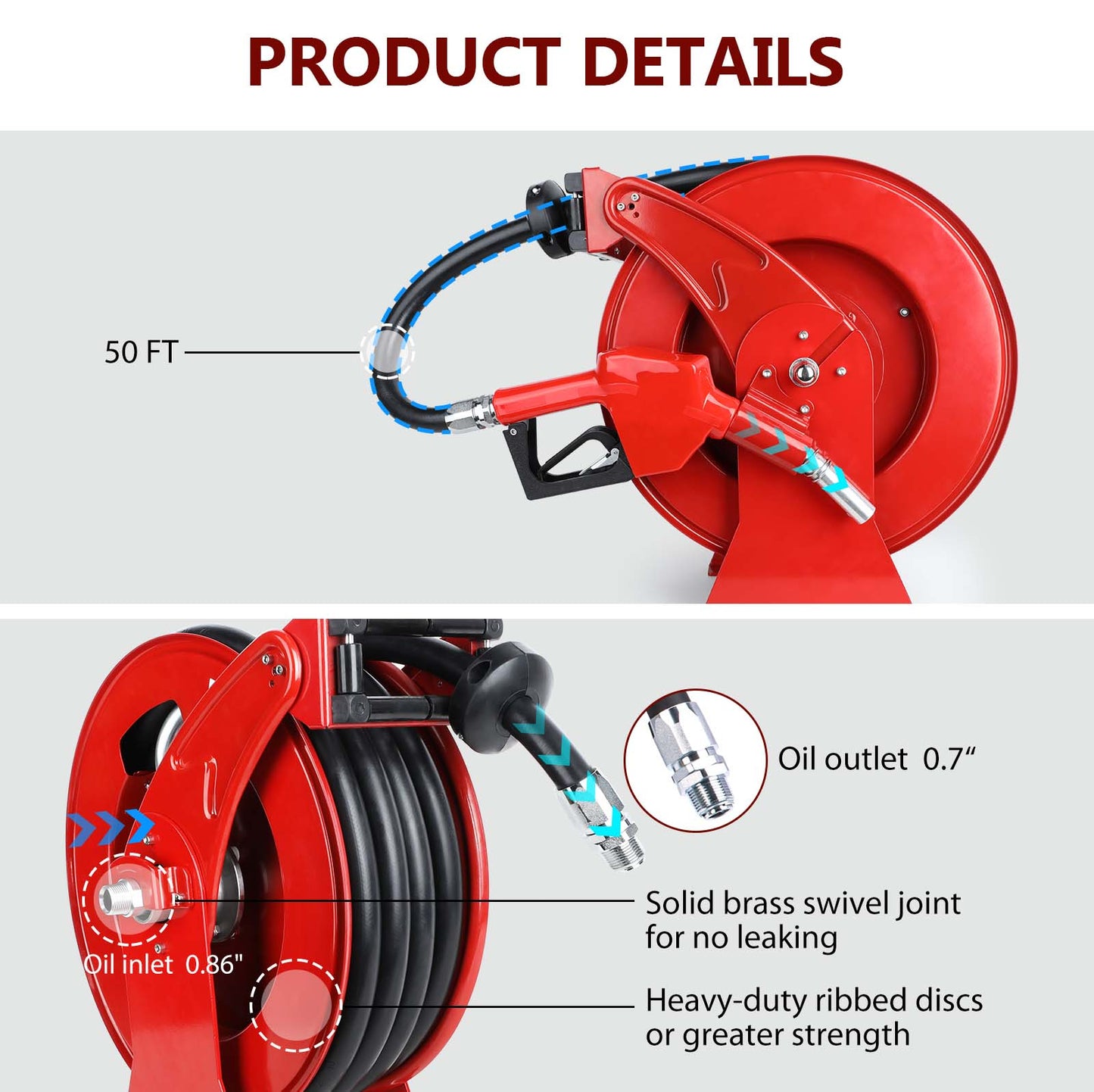 Diesel Fuel Hose Reel Retractable 3/4" x 50' Spring Driven Auto Swivel 300 PSI