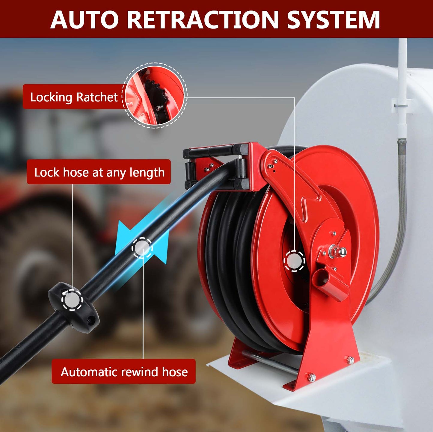 Diesel Fuel Hose Reel Retractable 3/4 x 50' Spring Driven Auto Swivel 300  PSI